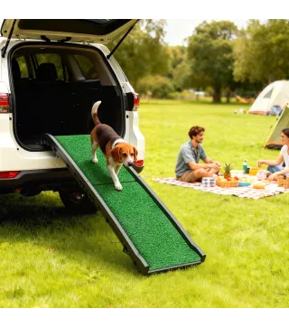 Rampa para Perros con Césped Artificial 155 cm Rampa para Perros para Coche Plegable con Asa Ángulo Ajustable Verde