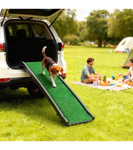 Rampa para Perros con Césped Artificial 155 cm Rampa para Perros para Coche Plegable con Asa Ángulo Ajustable Verde