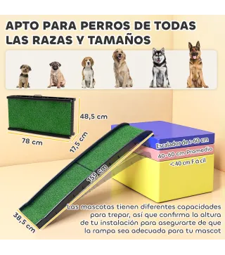 Rampa para Perros con Césped Artificial 155 cm Rampa para Perros para Coche Plegable con Asa Ángulo Ajustable Verde