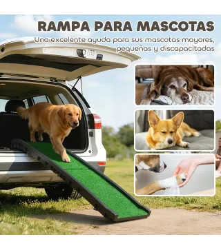 Rampa para Perros con Césped Artificial 155 cm Rampa para Perros para Coche Plegable con Asa Ángulo Ajustable Verde