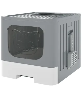 Arenero para Gatos Plegable M con Tapa Enrejada Bandeja Extraíble Pala Gancho Lateral Fácil de Limpiar Antifugas Gris