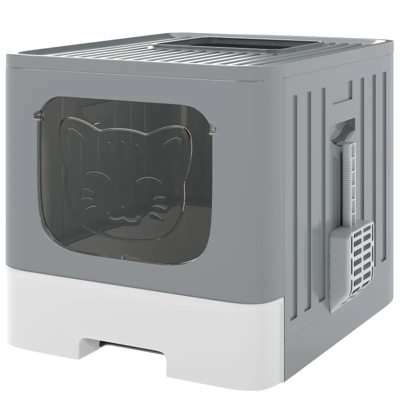 Arenero para Gatos Plegable M con Tapa Enrejada Bandeja Extraíble Pala Gancho Lateral Fácil de Limpiar Antifugas Gris