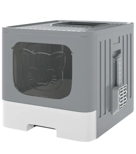 Arenero para Gatos Plegable M con Tapa Enrejada Bandeja Extraíble Pala Gancho Lateral Fácil de Limpiar Antifugas Gris