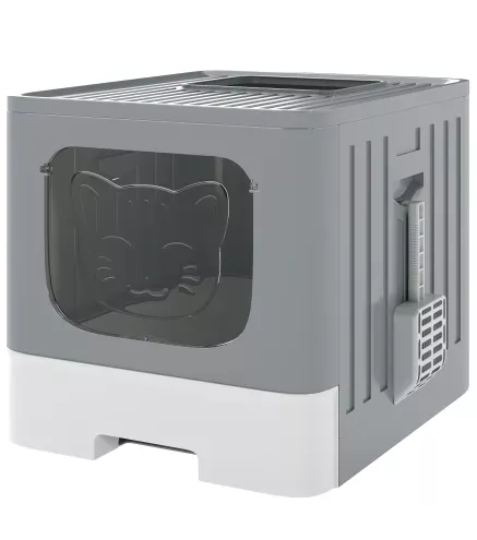 Arenero para Gatos Plegable M con Tapa Enrejada Bandeja Extraíble Pala Gancho Lateral Fácil de Limpiar Antifugas Gris