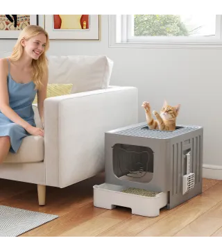 Arenero para Gatos Plegable M con Tapa Enrejada Bandeja Extraíble Pala Gancho Lateral Fácil de Limpiar Antifugas Gris