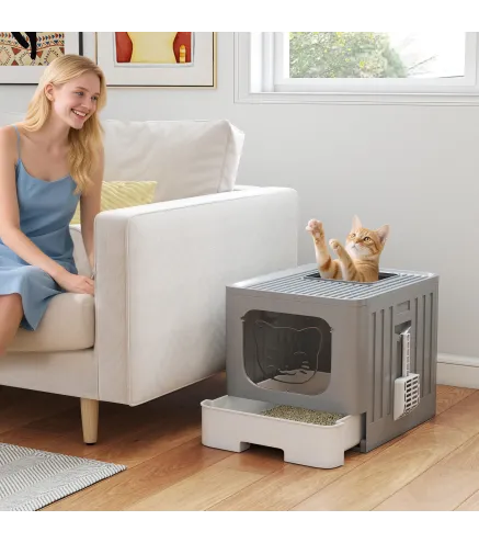 Arenero para Gatos Plegable M con Tapa Enrejada Bandeja Extraíble Pala Gancho Lateral Fácil de Limpiar Antifugas Gris