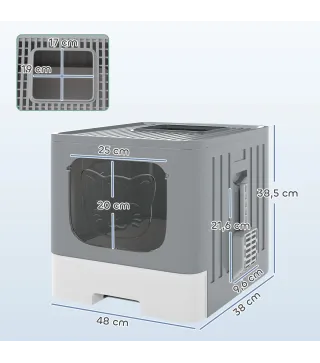 Arenero para Gatos Plegable M con Tapa Enrejada Bandeja Extraíble Pala Gancho Lateral Fácil de Limpiar Antifugas Gris