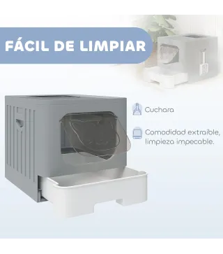 Arenero para Gatos Plegable M con Tapa Enrejada Bandeja Extraíble Pala Gancho Lateral Fácil de Limpiar Antifugas Gris