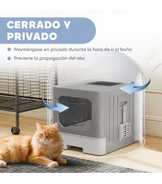 Arenero para Gatos Plegable M con Tapa Enrejada Bandeja Extraíble Pala Gancho Lateral Fácil de Limpiar Antifugas Gris