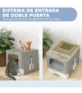 Arenero para Gatos Plegable M con Tapa Enrejada Bandeja Extraíble Pala Gancho Lateral Fácil de Limpiar Antifugas Gris