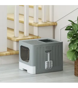 Arenero para Gatos Plegable M con Tapa Enrejada Bandeja Extraíble Pala Gancho Lateral Fácil de Limpiar Antifugas Gris