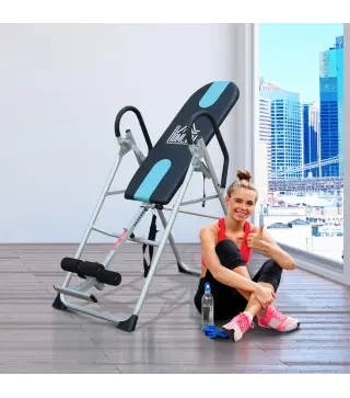 Tabla de Inversión Gravitacional Plegable con Altura Ajustable a 147-198cm y Cinturón 112-142x65x126 cm Negro y Azul