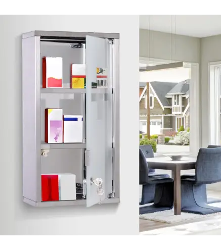 Armario de Medicinas Botiquín Gabinete de Primero Auxilios Acero Inox 3 Estantes Caja Colgante de Pared con Cerradura 25x12x48cm