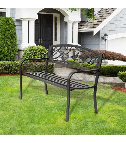 Banco de Jardín con Apoyabrazos y Respaldo con Imagen de Pájaros Carga 240 kg para Patio Terraza 127x60x85 cm Marrón