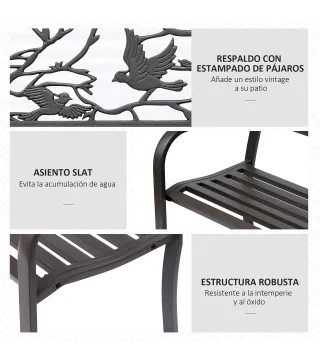 Banco de Jardín con Apoyabrazos y Respaldo con Imagen de Pájaros Carga 240 kg para Patio Terraza 127x60x85 cm Marrón