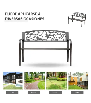 Banco de Jardín con Apoyabrazos y Respaldo con Imagen de Pájaros Carga 240 kg para Patio Terraza 127x60x85 cm Marrón