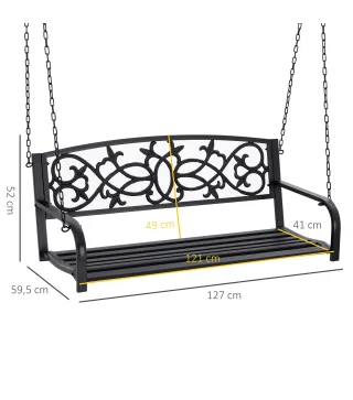 Banco Columpio de 2 Plazas Banco Colgante con Reposabrazos para Jardín Terraza Exterior 127x59,5x52 cm Negro