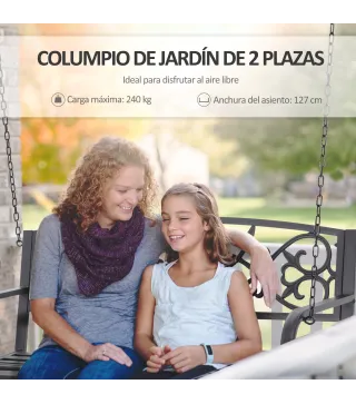 Banco Columpio de 2 Plazas Banco Colgante con Reposabrazos para Jardín Terraza Exterior 127x59,5x52 cm Negro