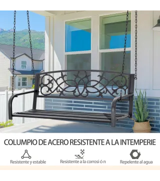 Banco Columpio de 2 Plazas Banco Colgante con Reposabrazos para Jardín Terraza Exterior 127x59,5x52 cm Negro