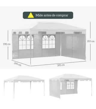 Carpa de Jardín 395x295x255 cm Cenador Desmontable Exterior con 2 Laterales 2 Ventanas Anti-UV para Terraza Patio Blanco