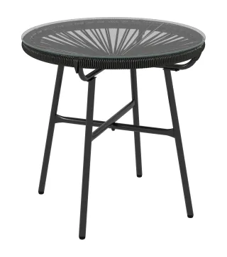 Mesa de Jardín de Ratán Sintético Redonda para Exteriores con Encimera de Vidrio Templado Ø50x50 cm Negro