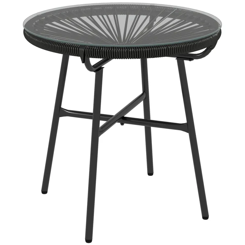 Mesa de Jardín de Ratán Sintético Redonda para Exteriores con Encimera de Vidrio Templado Ø50x50 cm Negro