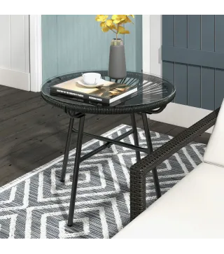 Mesa de Jardín de Ratán Sintético Redonda para Exteriores con Encimera de Vidrio Templado Ø50x50 cm Negro