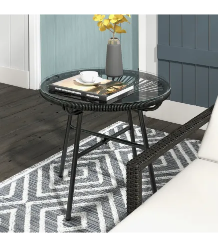 Mesa de Jardín de Ratán Sintético Redonda para Exteriores con Encimera de Vidrio Templado Ø50x50 cm Negro