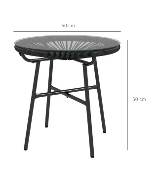 Mesa de Jardín de Ratán Sintético Redonda para Exteriores con Encimera de Vidrio Templado Ø50x50 cm Negro