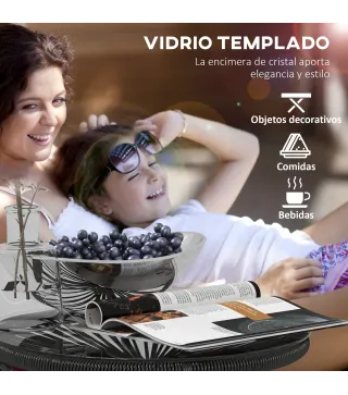 Mesa de Jardín de Ratán Sintético Redonda para Exteriores con Encimera de Vidrio Templado Ø50x50 cm Negro