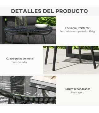 Mesa de Jardín de Ratán Sintético Redonda para Exteriores con Encimera de Vidrio Templado Ø50x50 cm Negro