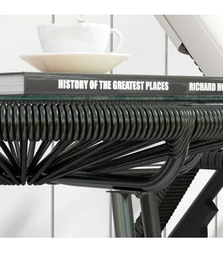 Mesa de Jardín de Ratán Sintético Redonda para Exteriores con Encimera de Vidrio Templado Ø50x50 cm Negro