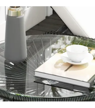 Mesa de Jardín de Ratán Sintético Redonda para Exteriores con Encimera de Vidrio Templado Ø50x50 cm Negro