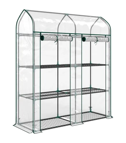 Invernadero Pequeño de 3 Niveles 2 Puertas Enrollables Marco de Acero Cubierta de Plástico 143x46x165 cm Transparente