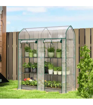 Invernadero Pequeño de 3 Niveles 2 Puertas Enrollables Marco de Acero Cubierta de Plástico 143x46x165 cm Transparente