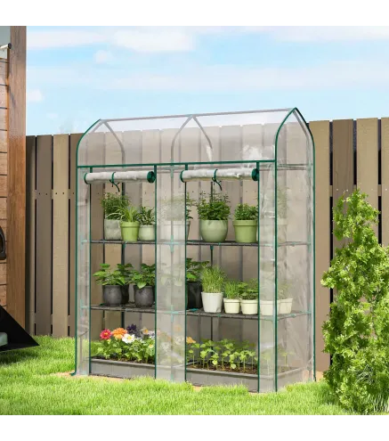 Invernadero Pequeño de 3 Niveles 2 Puertas Enrollables Marco de Acero Cubierta de Plástico 143x46x165 cm Transparente