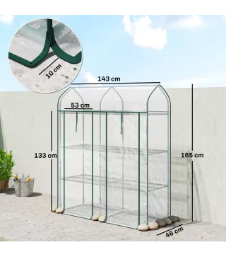 Invernadero Pequeño de 3 Niveles 2 Puertas Enrollables Marco de Acero Cubierta de Plástico 143x46x165 cm Transparente