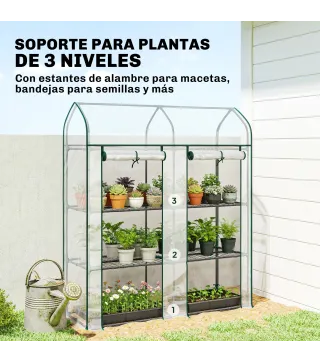 Invernadero Pequeño de 3 Niveles 2 Puertas Enrollables Marco de Acero Cubierta de Plástico 143x46x165 cm Transparente