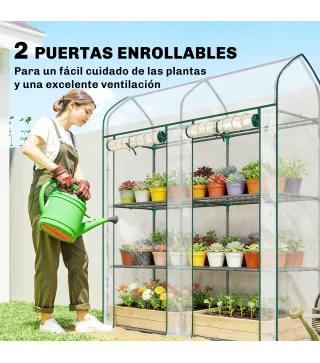 Invernadero Pequeño de 3 Niveles 2 Puertas Enrollables Marco de Acero Cubierta de Plástico 143x46x165 cm Transparente
