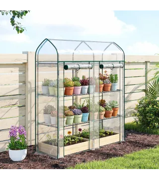 Invernadero Pequeño de 3 Niveles 2 Puertas Enrollables Marco de Acero Cubierta de Plástico 143x46x165 cm Transparente