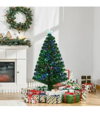 Árbol de Navidad de Fibra Óptica 120 cm Decoración Navideña con 16 LED de 3 Colores 130 Ramas Ø60x120 cm Verde