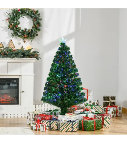 Árbol de Navidad de Fibra Óptica 120 cm Decoración Navideña con 16 LED de 3 Colores 130 Ramas Ø60x120 cm Verde