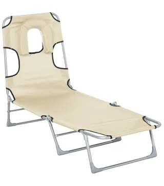 Tumbona Reclinable y Plegable de Jardín con Orificio de Lectura Reposacabezas y Respaldo Ajustable en 5 Niveles para Playa 182x5