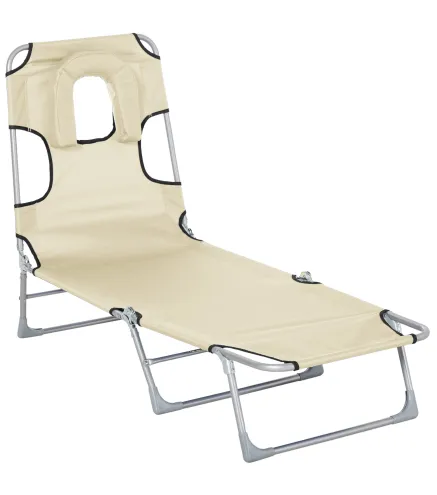 Tumbona Reclinable y Plegable de Jardín con Orificio de Lectura Reposacabezas y Respaldo Ajustable en 5 Niveles para Playa 182x5