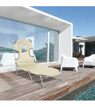 Tumbona Reclinable y Plegable de Jardín con Orificio de Lectura Reposacabezas y Respaldo Ajustable en 5 Niveles para Playa 182x5