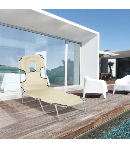 Tumbona Reclinable y Plegable de Jardín con Orificio de Lectura Reposacabezas y Respaldo Ajustable en 5 Niveles para Playa 182x5