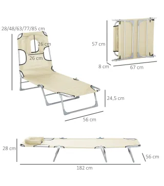 Tumbona Reclinable y Plegable de Jardín con Orificio de Lectura Reposacabezas y Respaldo Ajustable en 5 Niveles para Playa 182x5