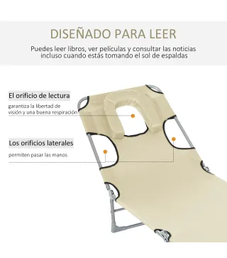 Tumbona Reclinable y Plegable de Jardín con Orificio de Lectura Reposacabezas y Respaldo Ajustable en 5 Niveles para Playa 182x5