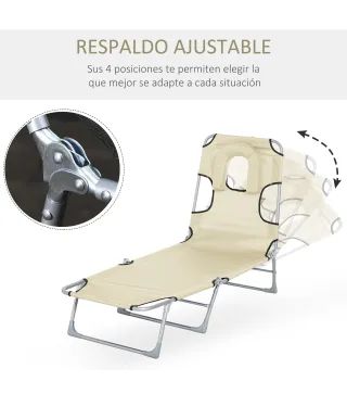 Tumbona Reclinable y Plegable de Jardín con Orificio de Lectura Reposacabezas y Respaldo Ajustable en 5 Niveles para Playa 182x5