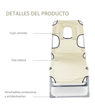Tumbona Reclinable y Plegable de Jardín con Orificio de Lectura Reposacabezas y Respaldo Ajustable en 5 Niveles para Playa 182x5